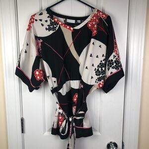 New York Company Kimono Sleeve Blouse Top Size S Black Floral Satin Belted